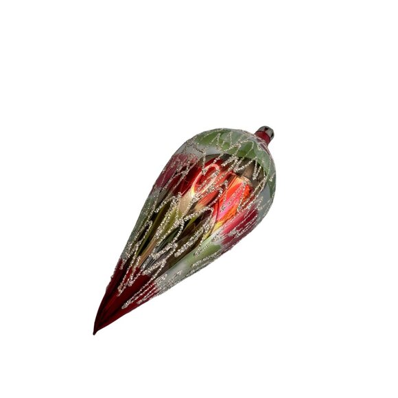 Vintage Teardrop Christmas Ornament 6" Blown Glass Red/Green/Silver Glitter - Picture 3 of 6